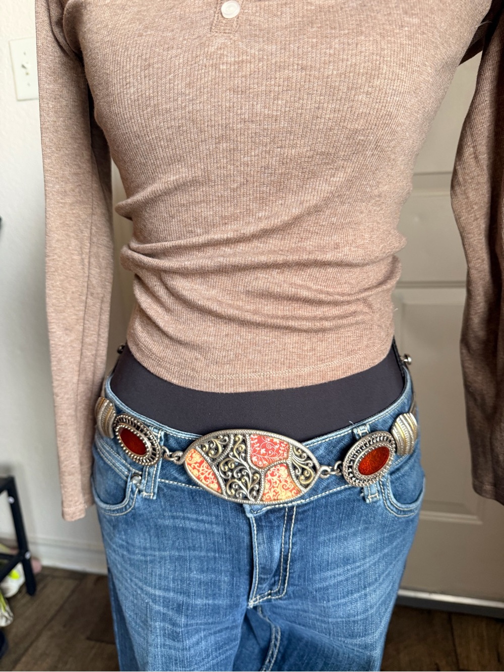 Vintage Chico’s Red & Silver Ornate Boho Statement Chain Belt Y2K
